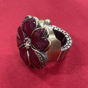 Vintage Japan Uhrwerk Quarz lila Emaille Blume verstellbar Uhrenring - Bild 1 von 5