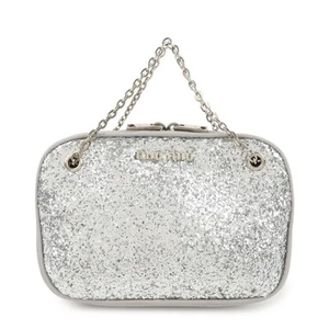Authentic MIU MIU Leather Glitter Pouch Cosmetic Pouch Silver 5ND001 Used F/S - Picture 1 of 22