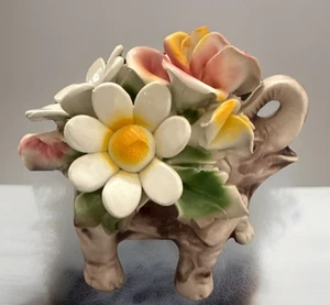 Vintage Capodimonte Italy Porcelain Elephant Figurine Floral Roses Trunk Up - Picture 1 of 7