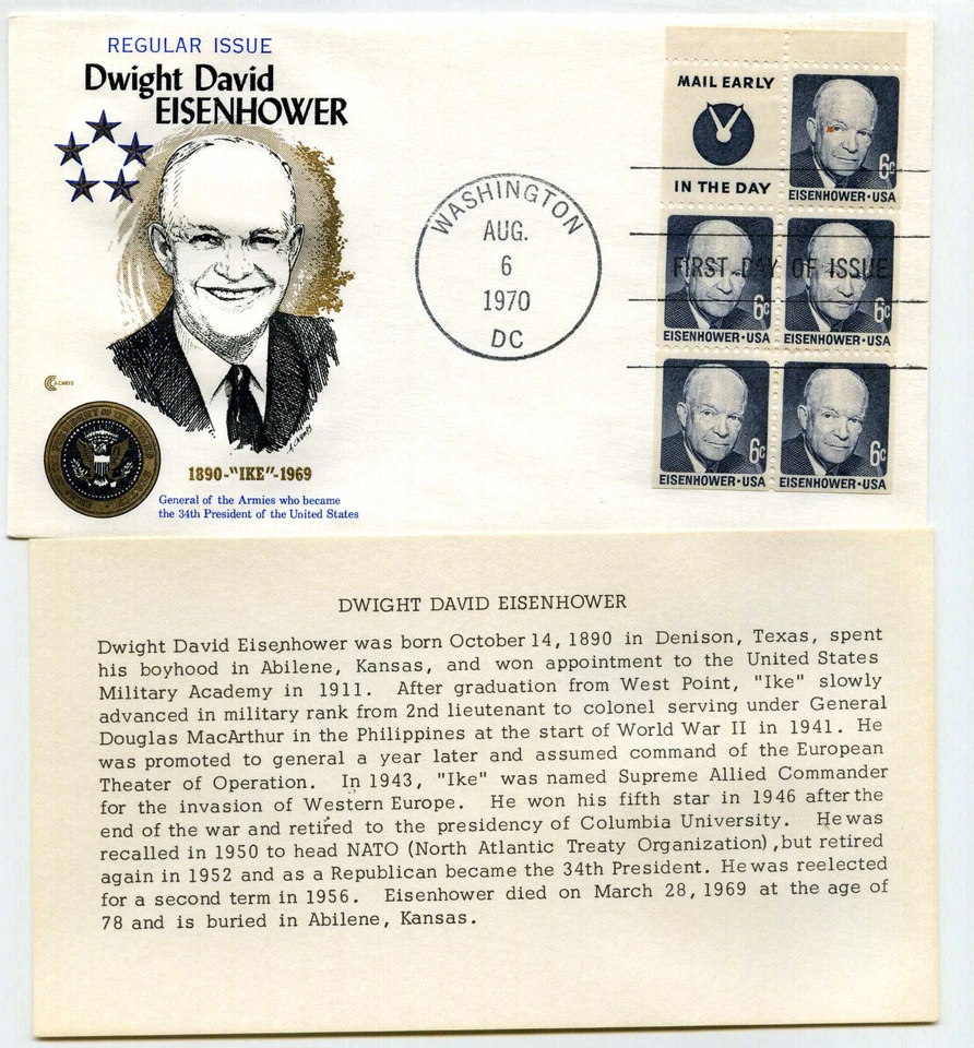 1393b S4 Dwight D Eisenhower pane of 5 Mail Early Cover Craft Cachets, CCC, FDC - Image 1 of 1