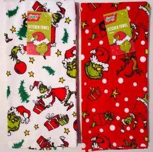 Toallas de cocina de Navidad The Grinch Dr Seuss algodón rojo blanco - Juego de 2 - Imagen 1 de 4