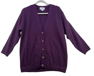 Adolfo Collectibles Womens Embroidered Cardigan Sweater M Purple Wool Blend - Picture 1 of 9