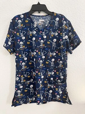 Halloween Scrub Top Scrubaid Women’s M (10-12) Trick Or Treat Skeletons Blue - Image 1 of 4