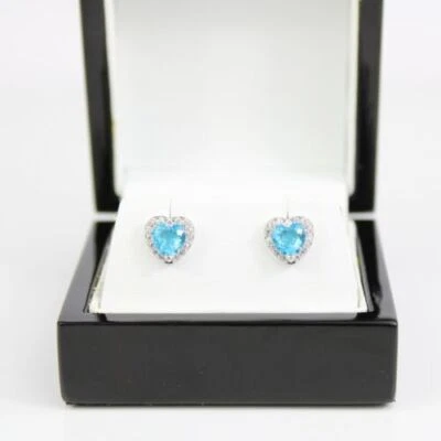 WHITE GOLD FINISH Blue Tourmaline Heart Cut Created Diamond Stud Earrings - Image 1 of 4