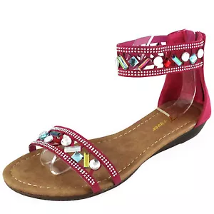 New women's sandal open toe back zipper gladiator summer casual fuchsia jewels - Picture 1 of 8