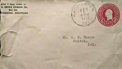 Harrington Delaware Postal Cover D. SHORT LUMBER to W.H. Moore Felton 1932  - Image 1 of 4