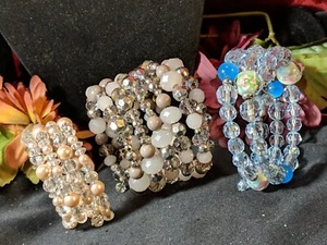 Lote de 3 brazaletes envolventes de puño de primavera de colección piedra lunar ojo de gato lucita burbuja arte vidrio - Imagen 1 de 20