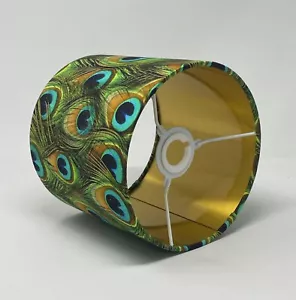 Bright Peacock Feather Brushed Gold Drum Lampshade - Picture 1 of 10