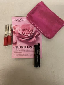NEW LANCOME PARIS SPARKLY HOT PINK COSMETIC BAG W/ MASCARA, EYELINER, LIP GLOSS