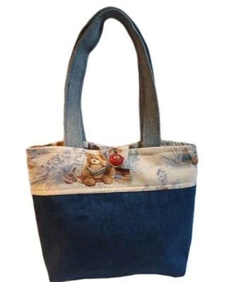 NEW Handmade Small Denim Tote Bag Teddy Bears Reversible - Image 1 of 4