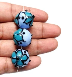Qty. 5 - 20 x 18mm Oval Bumpy Teal, Periwinkle  & Black  Lampwork Glass Beads - Picture 1 of 1