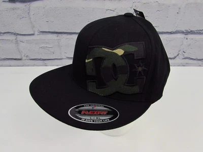 MENS DC SHOES FLEXFIT FITTED FLAT BILL BLACK CAMO LOGO HAT SIZE L/XL - Image 1 of 4