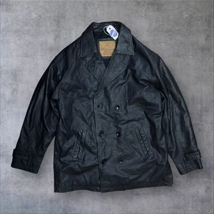 Vintage Black Leather Peacoat UK M Men’s Double Breasted Long Jacket Armando - Picture 1 of 10