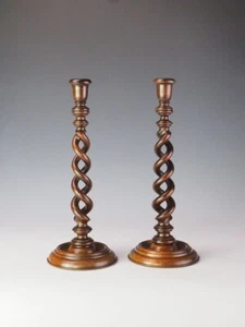 Antique Oak Barley Twist Candlesticks – Pair of Open Spiral Candle Holders - Picture 1 of 11