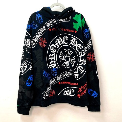 CHROME HEARTS Felpa con cappuccio stencil cuori cromati INUTILIZZATA incrociata più logo pullover parka