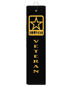 US Army Star Veteran Black Towel Yellow Vinyl Tri-fold Golf Towel Hook 15"x18" - Picture 1 of 1