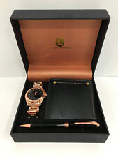 New Luis Cardini Gift Set Rare Rose Gold/Copper/Black Color Watch Wallet Pen