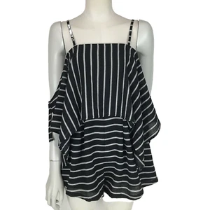 Here Comes the Sun Playsuit Black Size 10 White Stripe Cold Shoulder Ruffle New - Picture 1 of 12