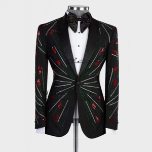 Lujosa Esmoquin Bordada Joyería Hombres Trajes Calce Ajustado Chaqueta Boda Fiesta - Imagen 1 de 7
