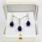 WHITE GOLD FINISH Blue Sapphire Pear Cut Created Diamond Dangle Jewellery Set