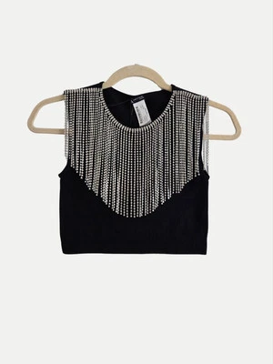 Top corto Zara sin costuras joya flecos negro talla M-L nuevo con etiquetas Foto 1 de 4