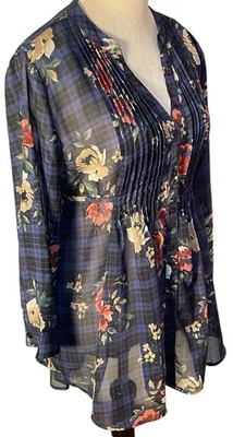 Top túnica plisada babydoll negra/azul floral y a cuadros para mujer talla L boho campesina Foto 1 de 4