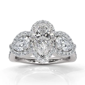 Anillo de compromiso con vástago cruzado de 3 piedras pera diamantes pavé GIA H VS2 platino 2,5 quilates - Imagen 1 de 5