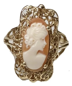 Anillo camafeo concha de oro amarillo de 10k filigrana forjada a mano talla 9,25 - Imagen 1 de 9