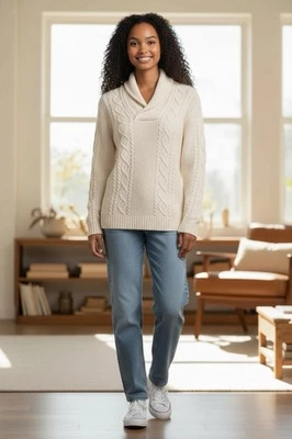 Suéter Jeanne Pierre Petites 100% Algodón Cuello Alto Crema Medio Otoño Grapa🍁 Foto 1 de 4