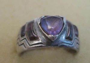 Vintage Sterling Silver 5 Amethysts Bezel Set Rectangle Hallmarked Sz6 Southwest - Picture 1 of 6