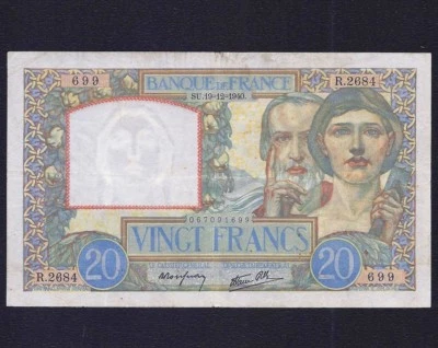 FRANCE 20 FRANCS 1940  P-92 ( Prefix R ) VF  - Image 1 of 2