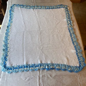 38”x32” Handmade Blue & White Crocheted Baby Blanket - Picture 1 of 8
