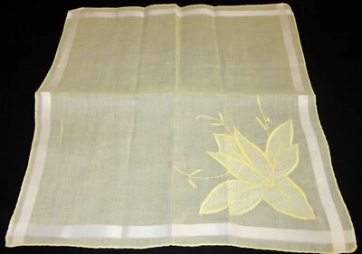 Винтажный Hankie льняной пастель желтый аппликация вышитый вручную свернутый кромки изящный! - Изображение 1 из 4