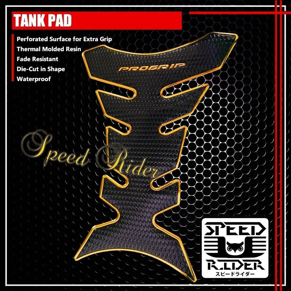 PROGRIP 3D TANQUE ALMOHADILLA PROTECTOR CALCOMANÍA GEL PERFORADO NEGRO/CROMADO BORDE DORADO Foto 1 de 1