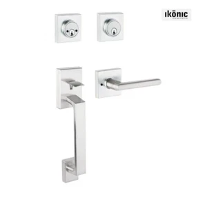 Ikonic Thumb Press Entrance Lock Set with Deadbolt Lock Chrome Satin Finish - Picture 1 of 2