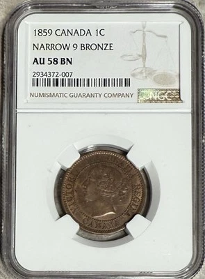 1859 Canada Large Cent Penny Narrow 9 NGC AU 58 BN Bronze - Image 1 of 4