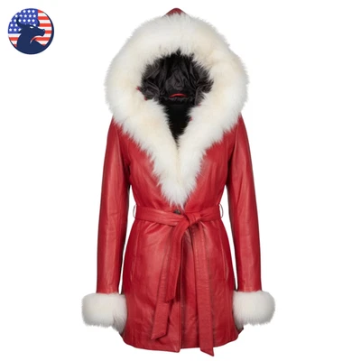 Abrigo con Capucha Mujer Rojo Piel de Oveja Real Piel de Oveja Navidad Moda Foto 1 de 4