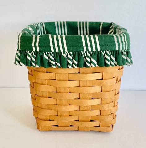 Vintage 1998 Longaberger Basket with Green and White Striped Fabric Liner Cover