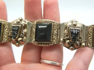 Vintage 1940 Signed Mexico Sterling Silver Carved Face Black Onyx Panel Bracelet - Picture 1 of 4