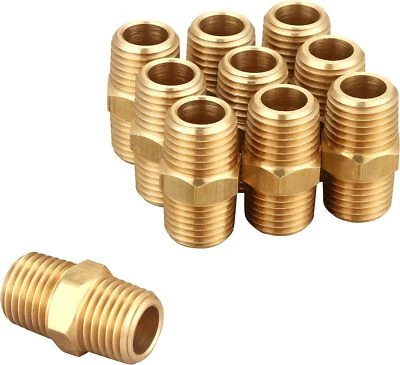 T TANYA HARDWARE 1/4 Inch NPT Male Thread Solid Brass Hex Nipples, Pipe Fitting (10 Pack)