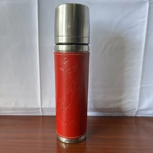 Starbucks Thermos with Red Leather Cover Floral Embossed Hot Coffee Tea Soup - Picture 1 of 9