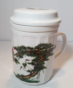 Asian 5 1/2 Tall with 4 in Tea Cup Loose Tea Infuser Lid Asian Birds Trees 3Pcs - Picture 1 of 17