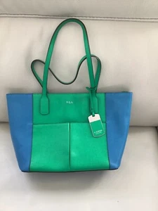 Polo Ralph Lauren Spring Handbag Green Blue 15" Leather + Charm Plate Elegant - Picture 1 of 12