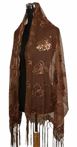 Handmade Lace FLORAL Pattern Scarf Shawl Wrap w/ Sequin & Crochet Fringe, Brown - Picture 1 of 7