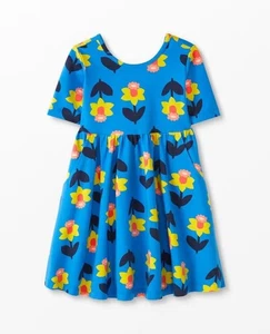 Hanna Anderson Girls Blue Daffodil Print Skater Dress with Pockets Size 6/7 - Picture 1 of 7