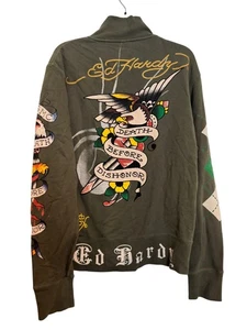 Chaqueta vintage Y2K Ed Hardy para hombre verde oliva cremallera completa con diseño gráfico de tatuaje - Imagen 1 de 11
