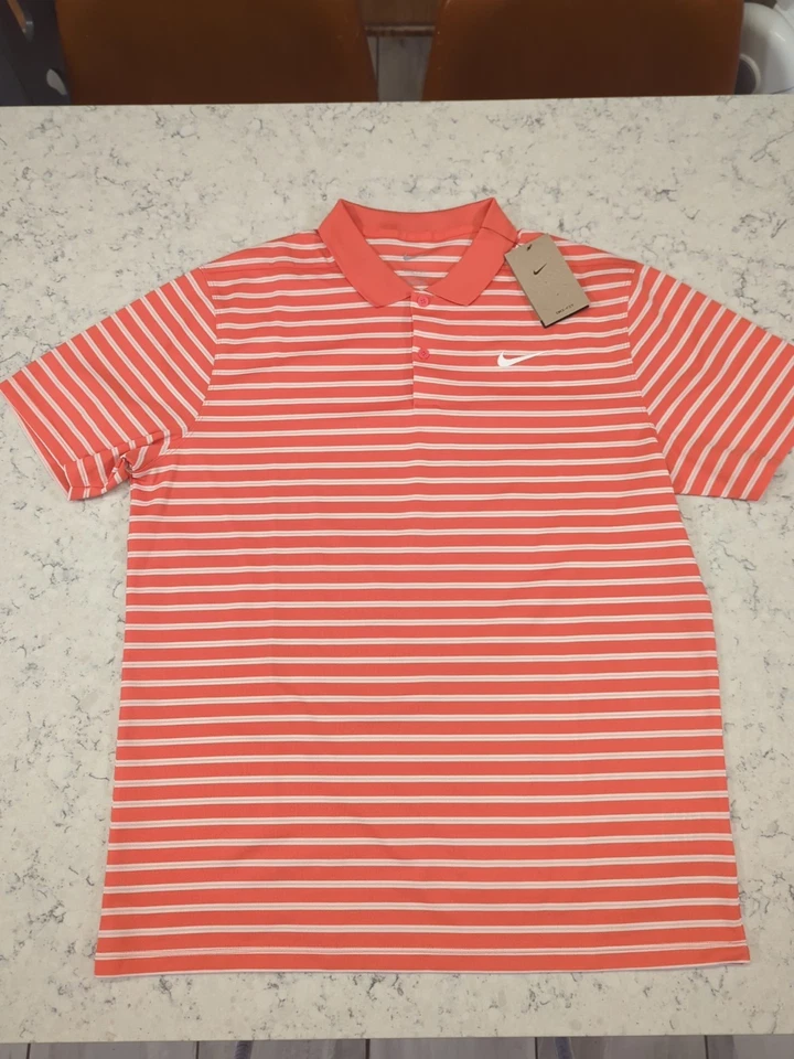 Nike Dri-FIT Move To Zero Orange Mens Striped Golf Polo Shirt Size M DH0829-814