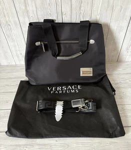 Versace Parfums Tote Bag Black Nylon Silver Logo Unisex Travel Gym Overnight Bag - Picture 1 of 16