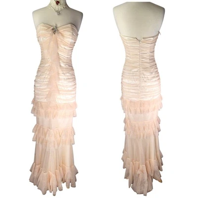 Vestido de graduación vintage Y2K Jessica McClintock para mujer pequeño con volantes de melocotón sin tirantes Foto 1 de 4