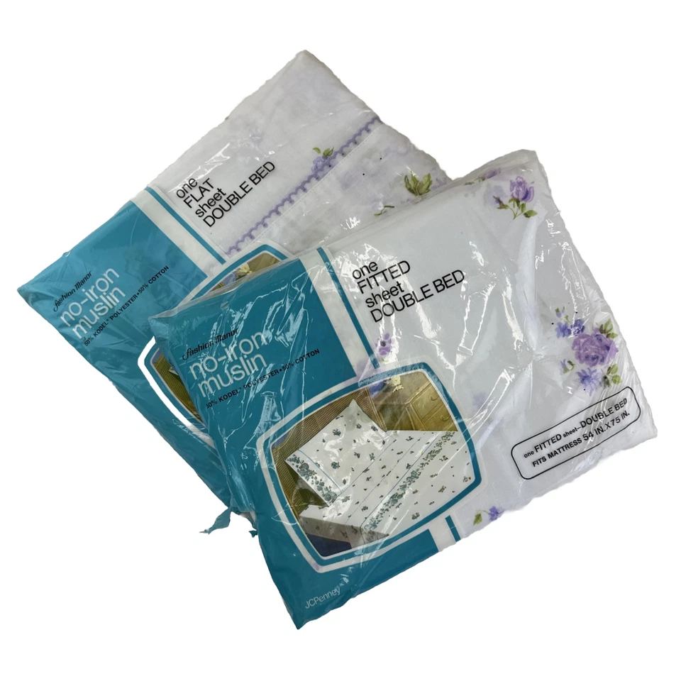 Vtg Fashion Manor Sheet Set Lavender Floral Double Flat Fitted No Cases Muslin - Image 1 of 4